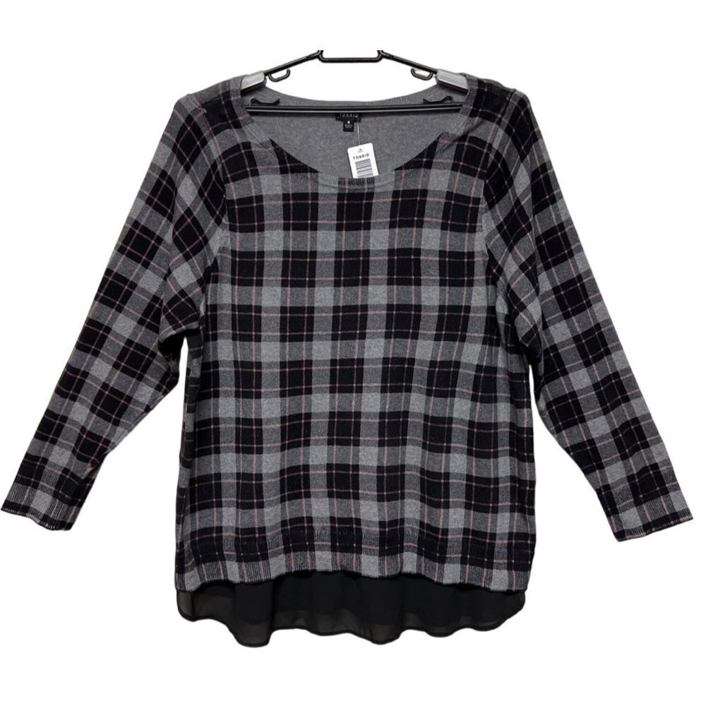 NEW! Plaid Grey Pink Pull Over Layered Sweater Women's Size 4X